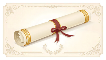 Rolled parchment diploma with maroon ribbon and gold trim. Ornate vintage border with laurel wreath design. Concept: education, achievement, certification