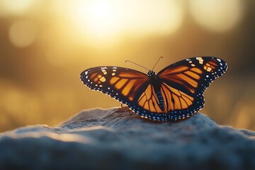 Obraz premium BUTTERFLY RESTING ON THE FLOWER. NATURAL LIGHTS, SUNSET, SUNLIGHT, TIFFANY GREEN TONES