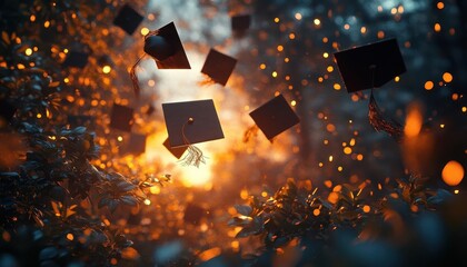 Graduation cap toss with glowing AR celebratory details, vibrant outdoor setting, dynamic action, photorealistic