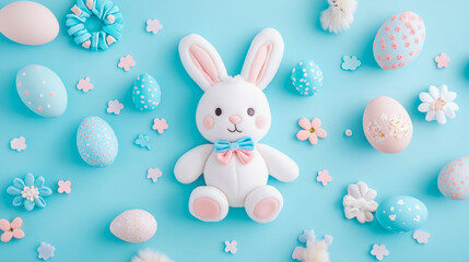 Obraz premium Concept: Pastel springtime, Easter celebration: Composition with cute bunny and decorated eggs for seasonal greeting, card, poster