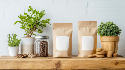 Eco product presentation: Still life of a kitchen with organic ingredients, showcasing sustainable living and mindful consumption.