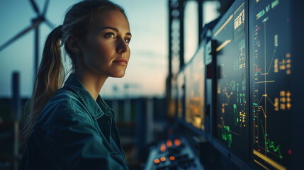 Focused Female Engineer Monitoring Renewable Energy Wind Farm Data