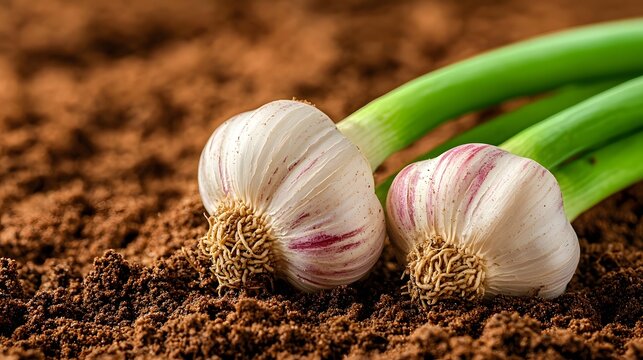 Close up view of several freshly grown garlic bulbs emerging from the rich moist soil  The garlic cloves are surrounded by the fertile earth