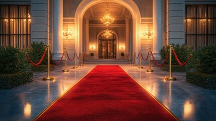 Elegant entrance with a red carpet leading to a grand building illuminated by chandeliers.