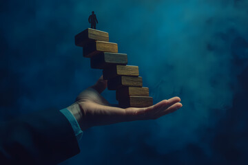 Hand of Support: A supportive hand cradles a miniature figure ascending a staircase of wooden blocks, symbolizing ambition, growth, and reaching for success. 