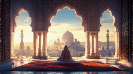 Spiritual Contemplation: Woman Meditating in Ornate Palace Overlooking Mosque at Sunset