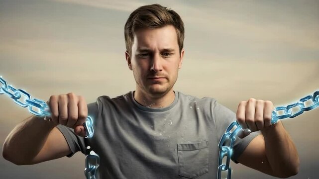 Caucasian man breaking chains. Symbolic concept of releasing dogma and prejudice