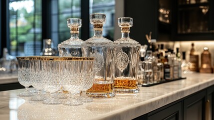 Elegant bar setup featuring crystal decanters and glasses with amber liquid.