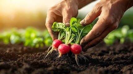 Closeup view of a person s hands gently pulling a bunch of fresh radishes from the rich dark soil in an organic vegetable garden or farm  Concept of sustainable agriculture healthy eating