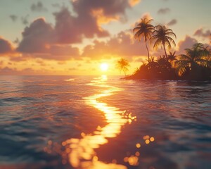 Island hopping in tropical waters with glowing AR route map, vibrant ocean landscape, soft sunlight, photorealistic