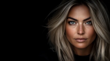 Fototapeta premium Perfect gorgeous caucasian blonde 30 year old woman. Thick lips. Long flowing blonde hair. sun tanned skin. Clear silver-blue eyes with smoky eye makeup