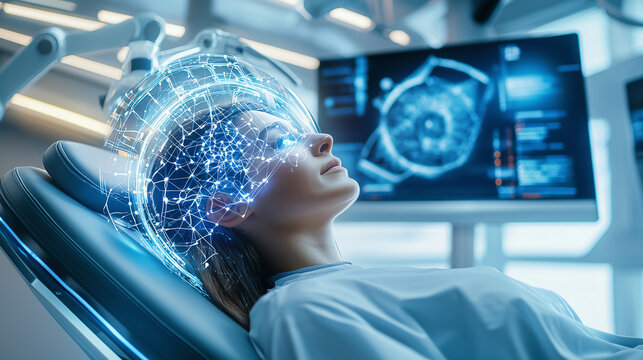 Futuristic laboratory with advanced neural interface technology