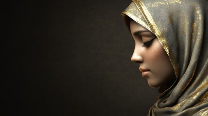 Elegant Woman in a Hijab with Gold Detailing Against Dark Background