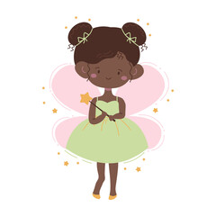 Flat style illustration of a cute black fairy, holding a magic wand, surrounded by golden stars, ideal for children's designs, fantasy themes, and magical projects.