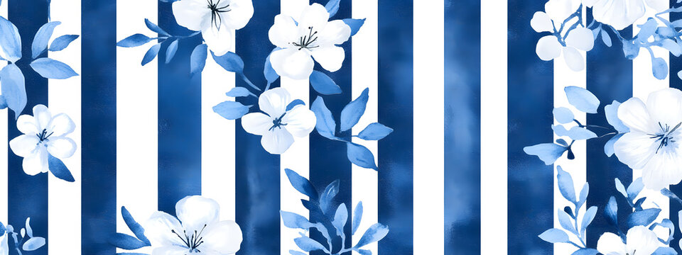 Stamped blue stripes and white floral, seamless pattern
