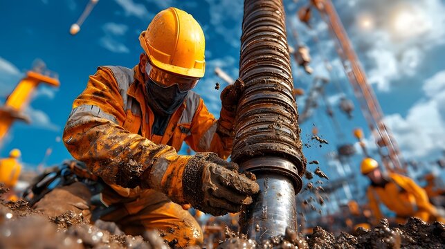 Construction Worker in Protective Gear Guiding Steel Pile into Position for Foundation Work at an Industrial Construction Site