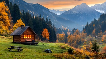 Cozy wooden cabin nestled in the mountainous landscape with warm glowing lights shining through the windows as the sun sets over the autumn foliage and evergreen forest
