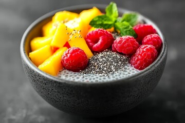Fresh Chia Seed Pudding with Mango, Raspberries, and Mint Garnish