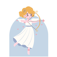 Flat style illustration of a cupid angel with golden curls, holding a bow and arrow with a heart-shaped tip, surrounded by floating hearts, symbolizing love and romance. 