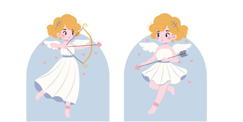 Flat style illustration of a cute cupid angel with golden curls, holding a bow and arrow, surrounded by floating hearts, symbolizing love and romance, ideal for Valentine's Day and romantic themes