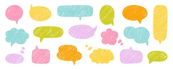 Chalk pencil speech bubbles doodle set. Crayon communication frame, comic talk balloon in sketch style, Grunge texture. Hand drawn vector illustration isolated on white background