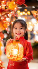 Joyful child in traditional red cheongsam holding lantern celebration