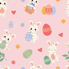 Seamless pattern featuring adorable Easter bunnies, decorated eggs, hearts, and flowers in a pastel color palette, perfect for festive wrapping paper, textiles, and holiday decorations.