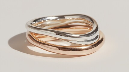 Close-up of a ring. the ring is made of two metals, one silver and one rose gold. the silver ring has a twisted design, while the rose gold ring is smooth and polished.