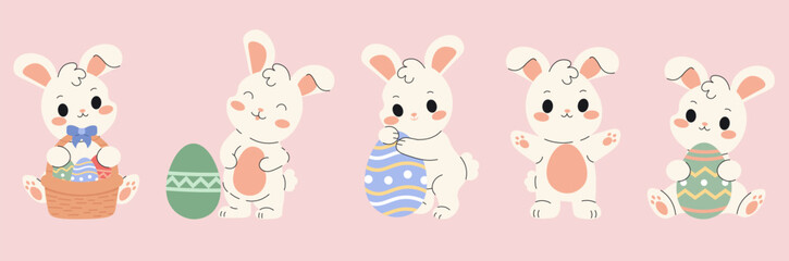 Flat style illustration of adorable Easter bunnies in various poses with decorated eggs and a basket, perfect for festive designs, greeting cards, and seasonal decorations.