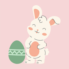 Flat style illustration of a happy Easter bunny standing next to a decorated egg, ideal for festive designs, greeting cards, and seasonal decorations.