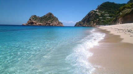 Fototapeta premium A serene beach scene with clear turquoise waters and rocky formations in the background.