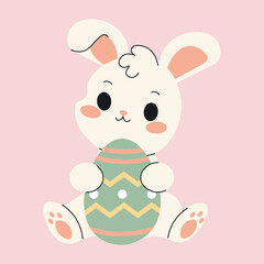 Flat style illustration of a cute Easter bunny holding a decorated egg, ideal for holiday cards, festive designs, and seasonal projects.