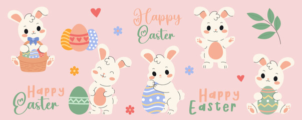 Flat style illustration of cute Easter bunnies with decorated eggs and a festive basket, perfect for holiday designs, greeting cards, and seasonal decorations.