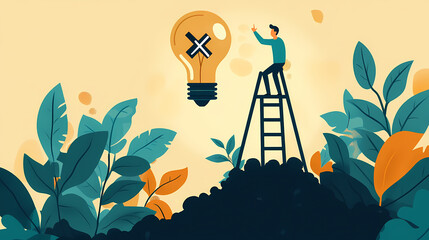 Naklejka premium Innovation and Problem-Solving: An illustration depicting a man on a ladder, reaching toward a lightbulb with an 