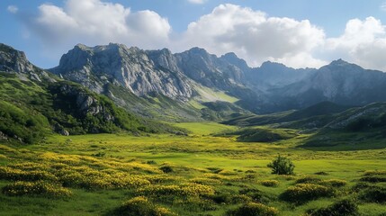 Fototapeta premium Sunny valley with green meadows and majestic mountains under a partly cloudy sky.