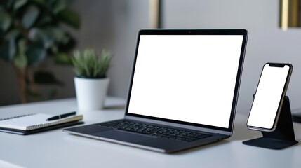 laptop computer and smartphone with a blank white screen on a wooden desk. 