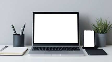 laptop computer and smartphone with a blank white screen on a wooden desk. 