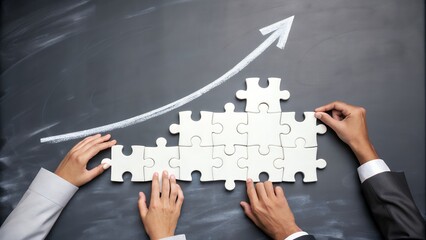 Engaging in the intricate process of assembling a colorful jigsaw puzzle shaped like steps representing creativity and problem solving skills for leisure activities