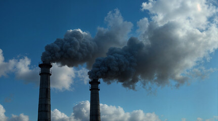 two smokestacks emitting thick, dark smoke against a backdrop of a partly cloudy blue sky. The smoke appears to be billowing upwards, indicating pollution or industrial activity.