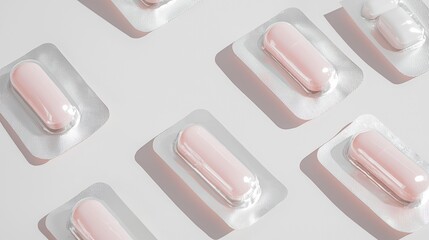 Group of multiple blister packs of pink pills arranged in a scattered pattern on a white background. the blister packs are rectangular in shape and appear to be made of plastic.
