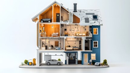 Detailed 3D rendered cutaway view revealing the internal electrical wiring system running through the wall structure of a residential home