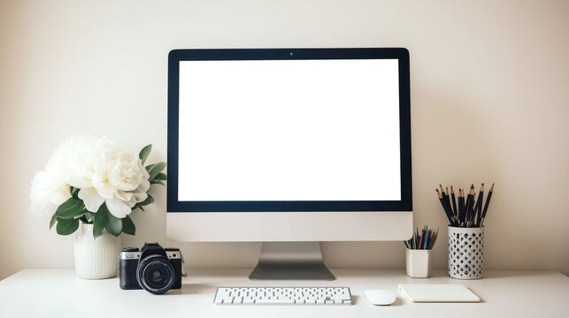 close up desktop computer monitor with a blank white screen on a white desk. 