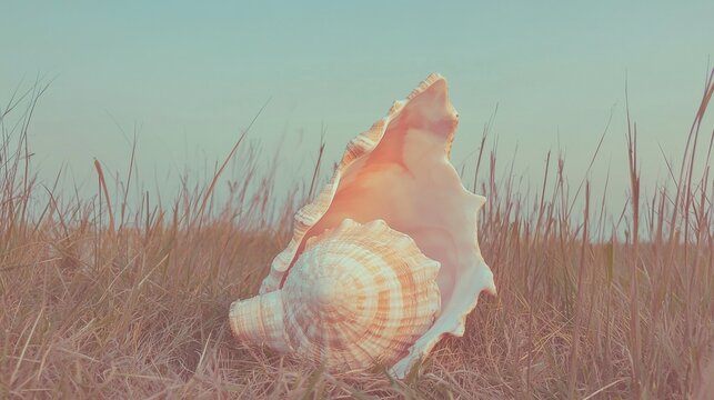 Photograph of a large conch shell lying on the ground in a field of tall grass. the shell is white with a pinkish-orange hue and has a spiral pattern on its surface.