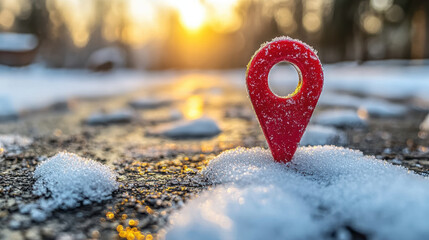 red location marker stands in snow on sunlit path, symbolizing navigation and direction. warm glow of sunset contrasts with cold, icy surroundings