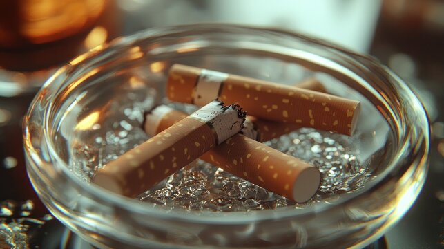 Cigarette butts in glass ashtray, blurred background, possible use for anti-smoking campaign
