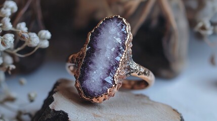 Close-up of a ring with a large amethyst stone in the center. the stone is a deep purple color and has a rough texture.