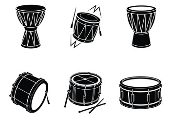 Set of black and white drums silhouette  on white background