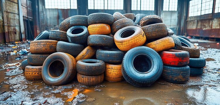 Pile of discarded tires in an abandoned warehouse surrounded by debris and water