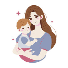 Flat style illustration of a loving mother holding her child, symbolizing warmth, care, and family bonding. Perfect for themes of motherhood, parenting, and affection.