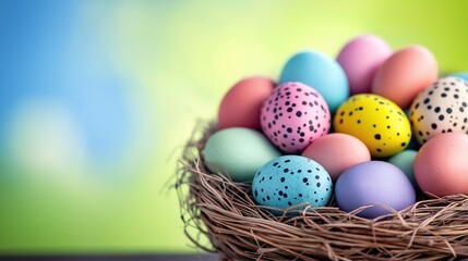 Easter arrangement with bird nest filled with painted multicolored eggs, copy space